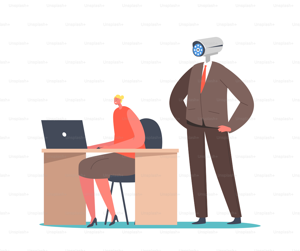 Corporate Control Concept. Boss Character with Video Camera Head and Arms Akimbo Stand behind of Female Clerk or Manager Employee Sitting at Desk Working on Laptop. Cartoon People Vector Illustration
