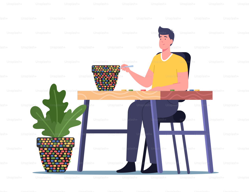 Creative Hobby, Craftsmanship, Art Concept. Male Character Set Up Mosaic, Young Man Sitting at Desk Decorate Flowerpot with Colorful Ceramic Pieces, Home Decor, Creativity. Cartoon Vector Illustration