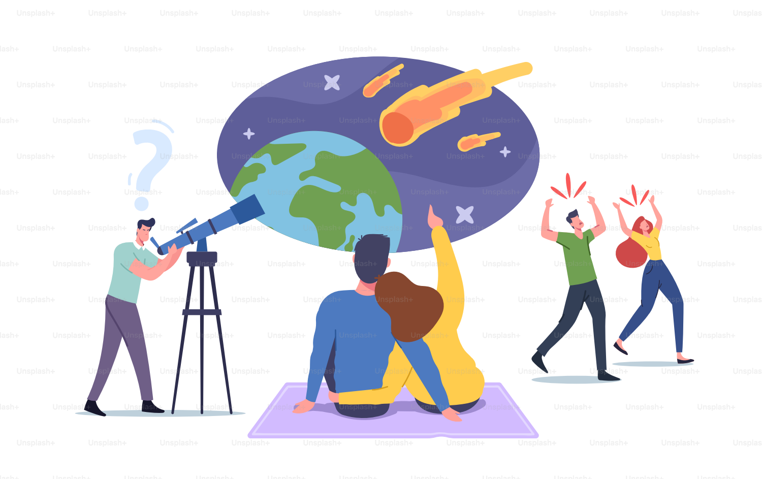 Charaktere, die einen Meteoriten abstürzen sehen, ein Mann mit Teleskop blickt auf Naturphänomene am Himmel mit fallenden Asteroiden, ein liebevolles Paar wünscht sich, verängstigte Menschen laufen weg. Cartoon-Vektorillustration