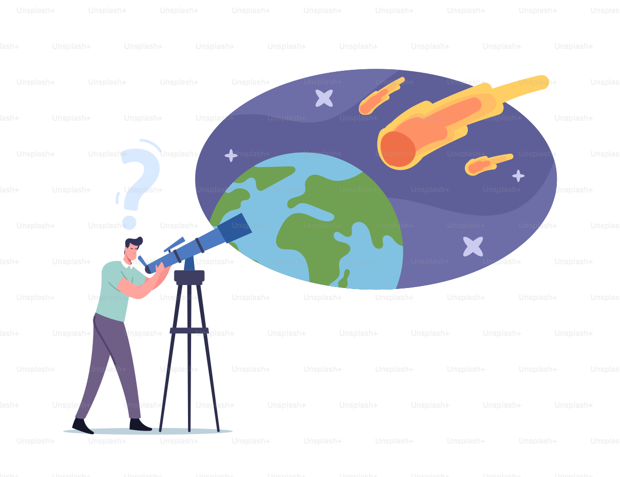 Man with Telescope Look on Natural Phenomenon in Sky with Falling Asteroids, Male Character Watching Meteorite Fall, Amateur or Professional Scientists Astronomy Studying. Cartoon Vector Illustration