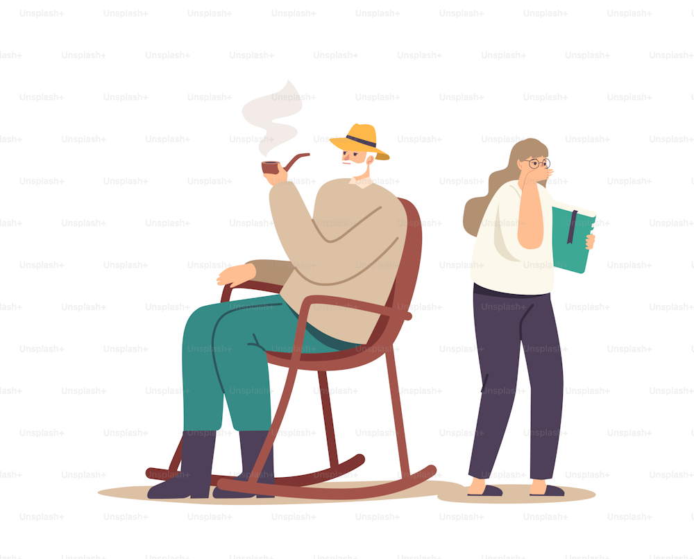 Senior Male Character Sitting in Rolling Armchair Enjoy Tobacco Ignoring Granddaughter. Girl with Textbook in Hands Coughing in Room where Grandfather Smoking Pipe. Cartoon People Vector Illustration