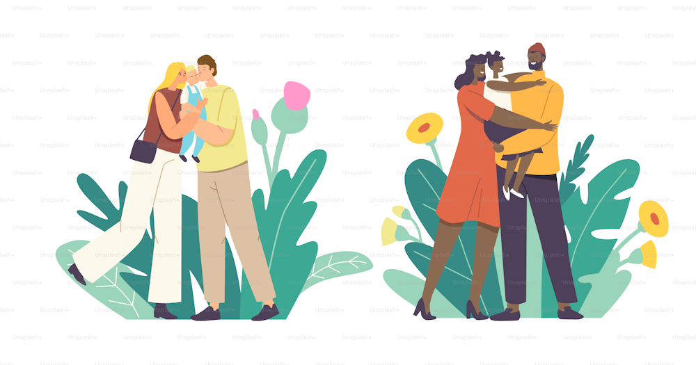 Loving Parents Kiss Baby. Mother and Father Caucasian and African Ethnicity Characters Holding Child on Hands Hugging and Kissing Express Love and Tenderness. Cartoon People Vector Illustration