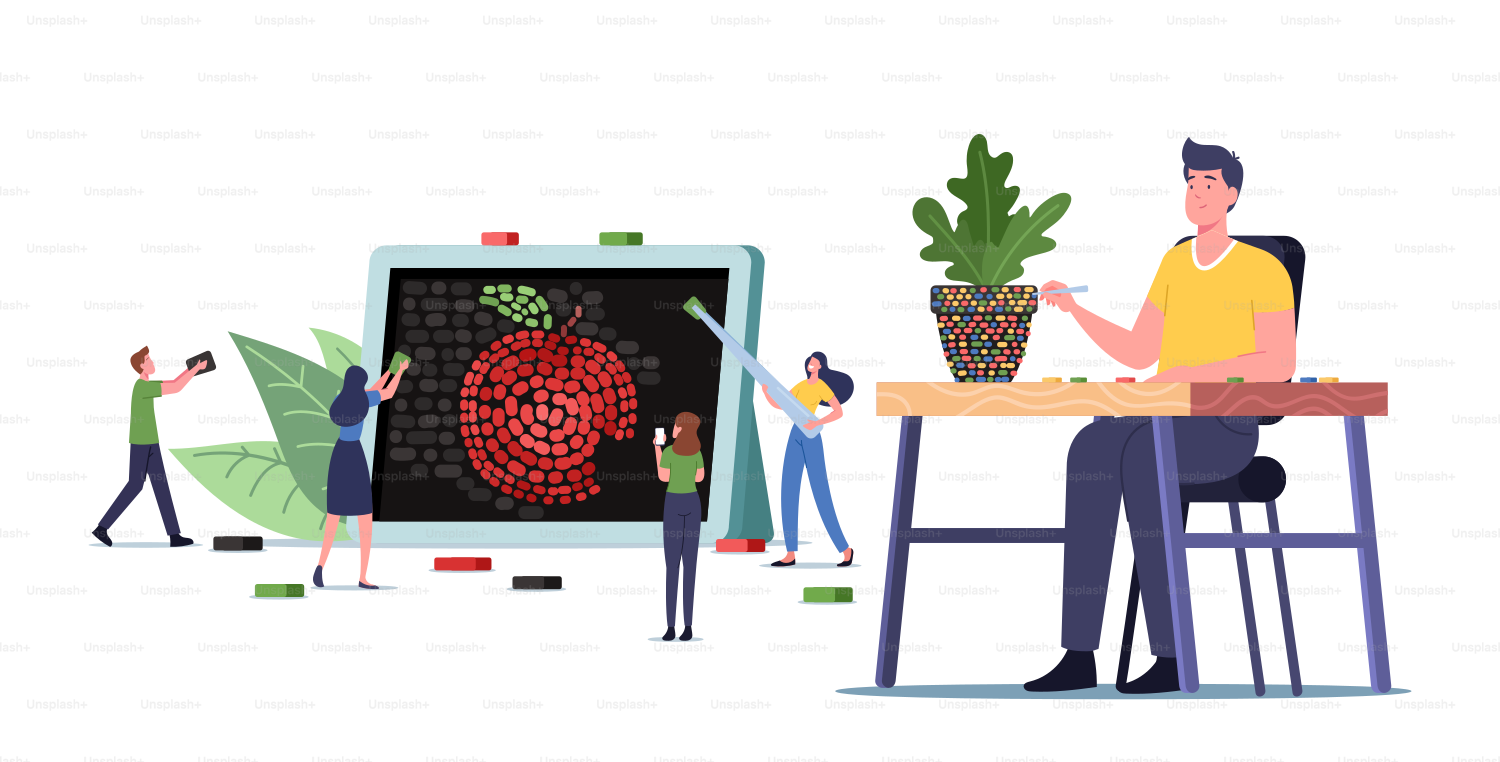 Tiny Male and Female Characters Set Up Huge Mosaic, Creative Hobby Concept. Man Sitting at Desk Decorate Flowerpot with Colorful Ceramic Pieces, Craftsmanship, Art. Cartoon People Vector Illustration