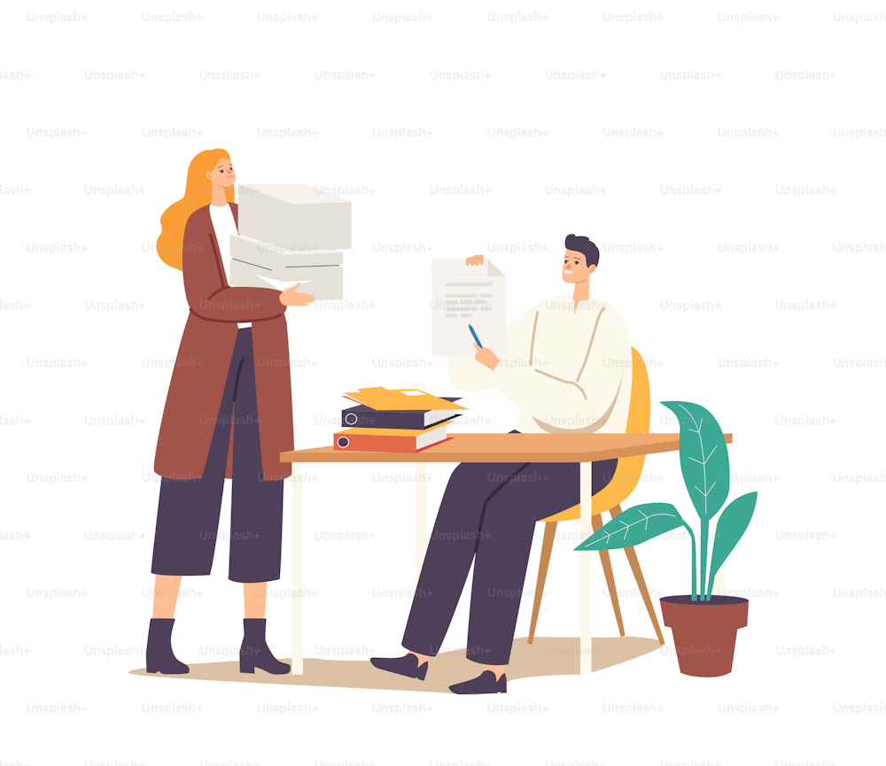 Man and Woman with Big Heap of Documents Files. Business People Characters, Office Employee at Work, Very Busy Day, Accounting Bureaucracy, Manager New Job Position. Cartoon People Vector Illustration