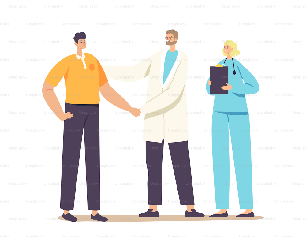 Patient Male Character Gratitude Doctor with Shaking Hand for Treatment, Consultation or Medical Aid. Doctors Communicate with Happy Client, Medicine, Health Care. Cartoon People Vector Illustration