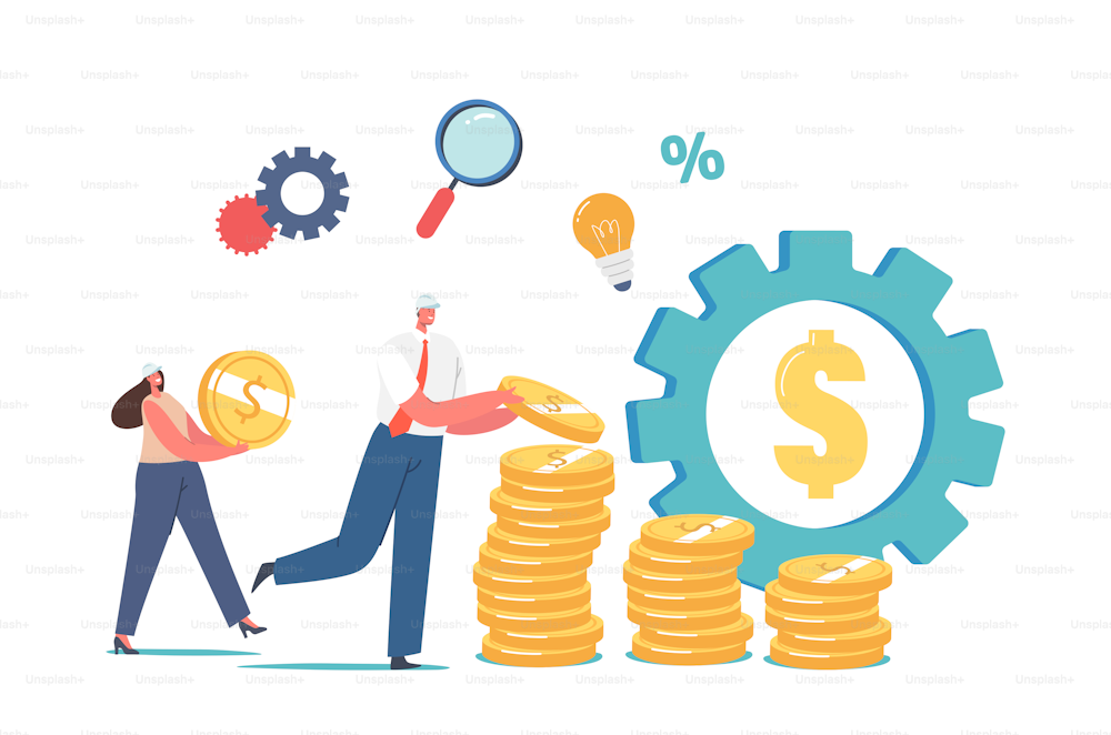 Value Engineering Concept. Tiny Engineers Characters in Helmets Collect Huge Golden Coins in Stacks, Huge Gear with Dollar Sign, People Saving Money, Grow Value Account. Cartoon Vector Illustration