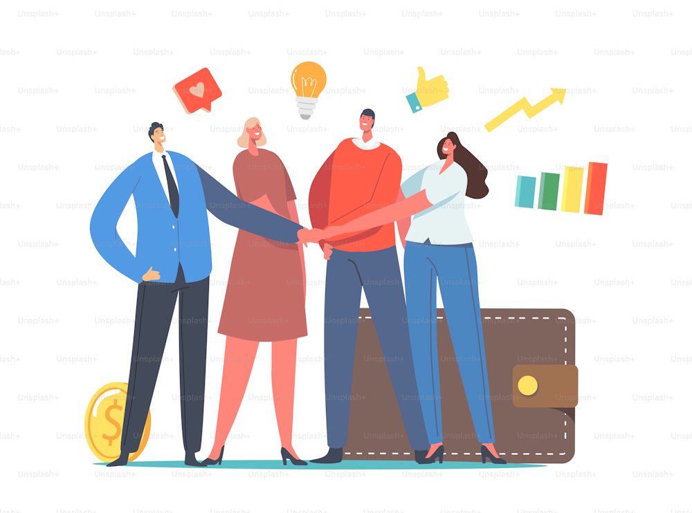 Mutual Fund, Businesspeople Compound Finance Help Concept. Office Colleagues Male and Female Characters Join Hands with Wallet, Money and Business icons around. Cartoon People Vector Illustration