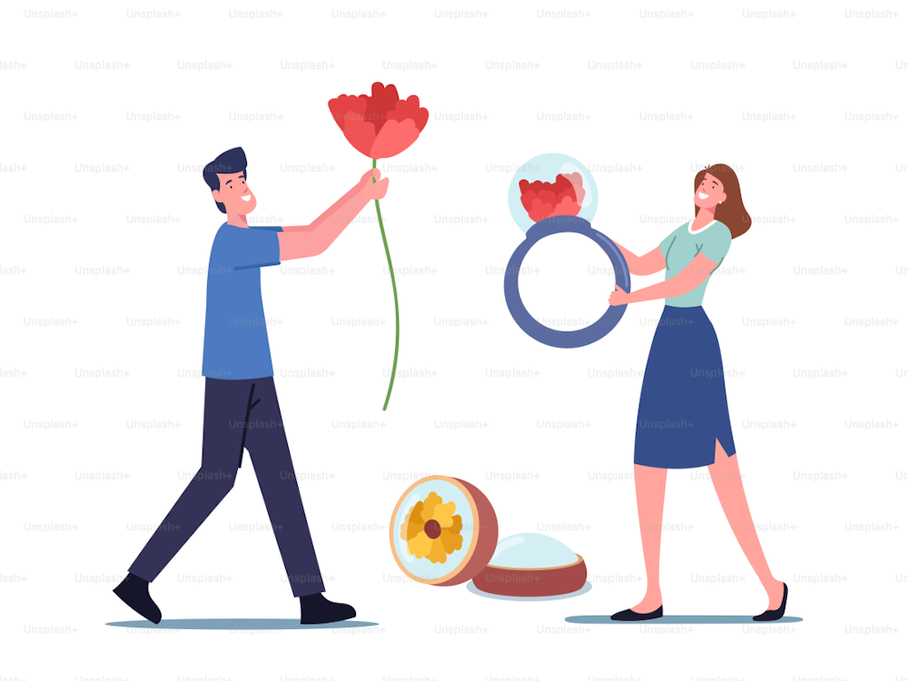 Handmade Epoxy Resin Jewelry Creation Hobby. Male Character Carry Huge Flower for Making Craft Decor, Tiny Woman Holding Huge Ring, People with Equipment for Creative Art. Cartoon Vector Illustration