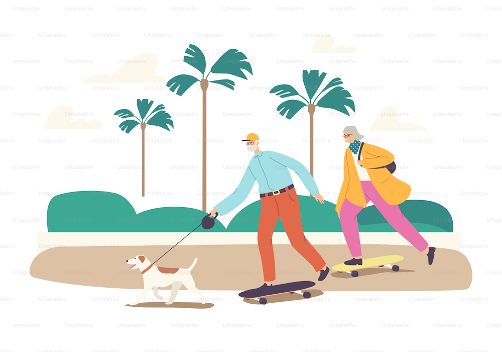 Senior Family Characters Skateboard Summertime Activity. Uomo invecchiato, donna e cane sano stile di vita attivo, vacanza ricreativa, skateboard all'aperto hobby relax. Illustrazione vettoriale delle persone del fumetto