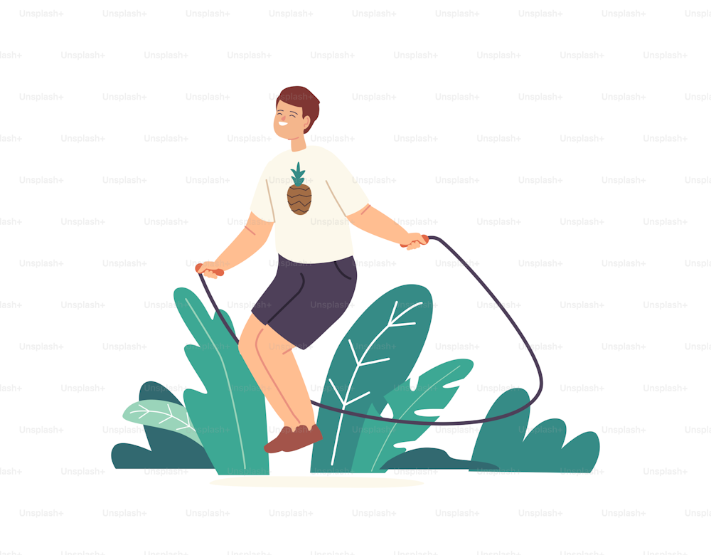 Little Boy Character Exercising with Jump Rope. Child Playing on Street, Jumping and Rejoice at Summer Time. Healthy Life, Kids Outdoor Activity and Active Sparetime. Cartoon Vector Illustration