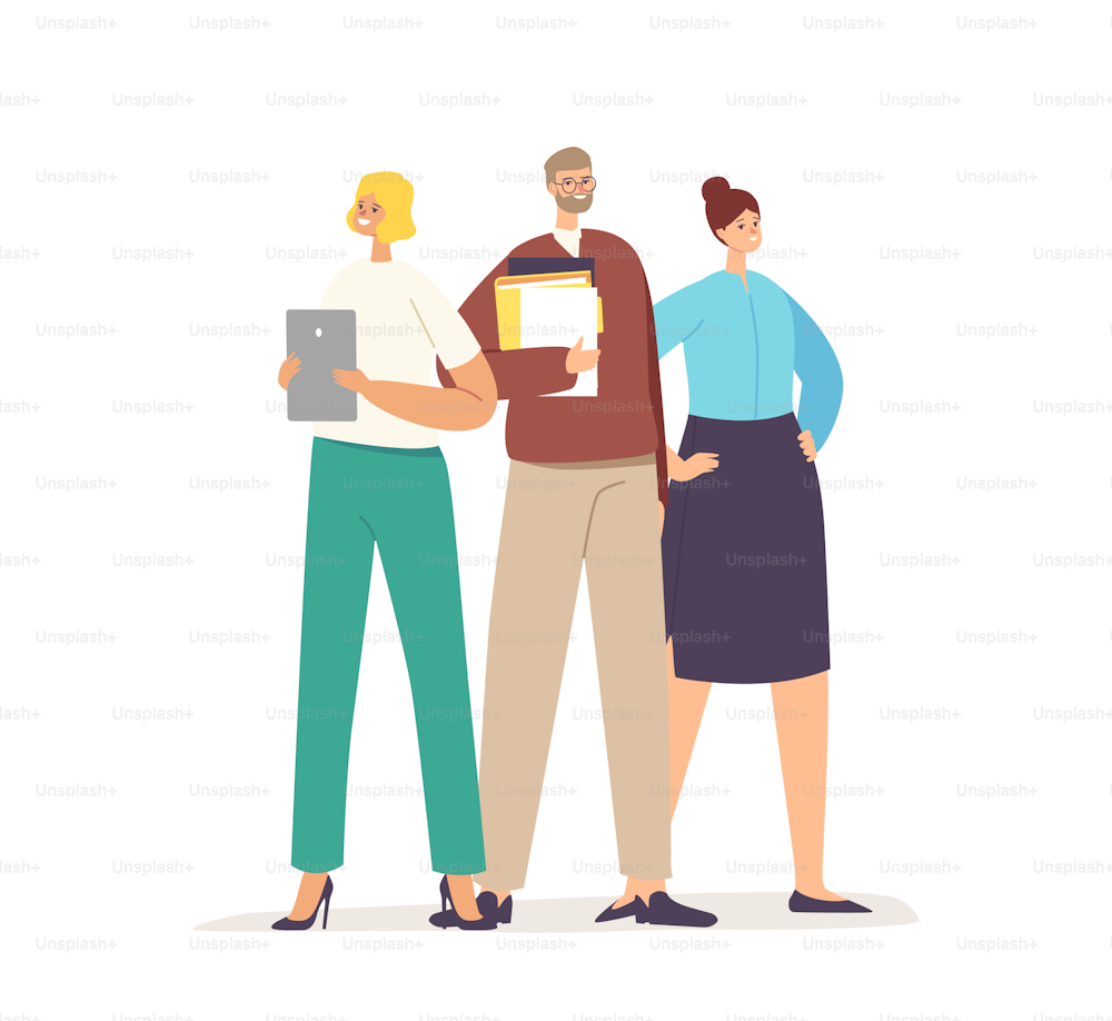 Best Employees Team Holding Documents in Hands Posing, Business Success, Leadership, Professionalism Concept with Male and Female Clerks or Managers Characters. Cartoon People Vector Illustration