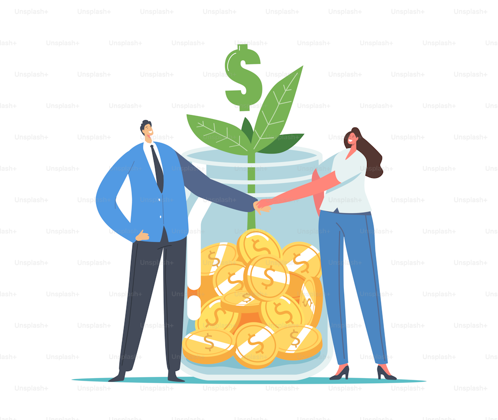 Finance Help, Mutual Fund Business Concept. Office Characters Businessman and Businesswoman Shaking Hands at Huge Glass Jar with Gold Coins, Green Sprout and Dollar Sign. Cartoon Vector Illustration