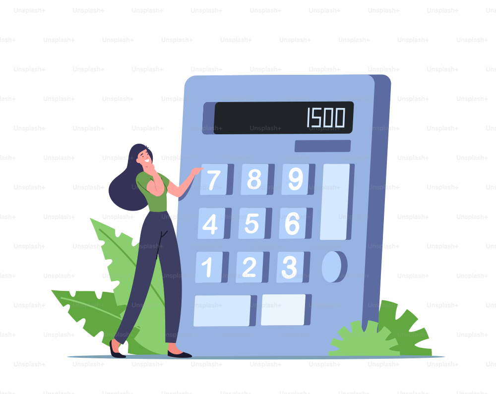 Tiny Female Character with Huge Calculator Counting Calories for Healthy Eating and Weight Loss. Nutrition and Dieting Concept, Carbohydrates and Fat Control in Food. Cartoon Vector Illustration