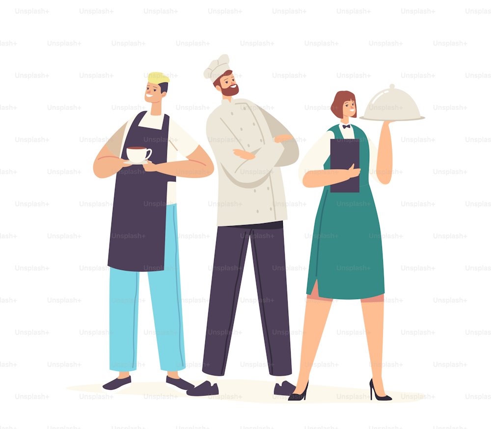 Hospitality, Restaurant Staff Team Characters in Uniform. Barman with Cup of Drink, Waitress Holding Tray with Dish under Cloche Lid and Confident Chef in Toque. Cartoon People Vector Illustration