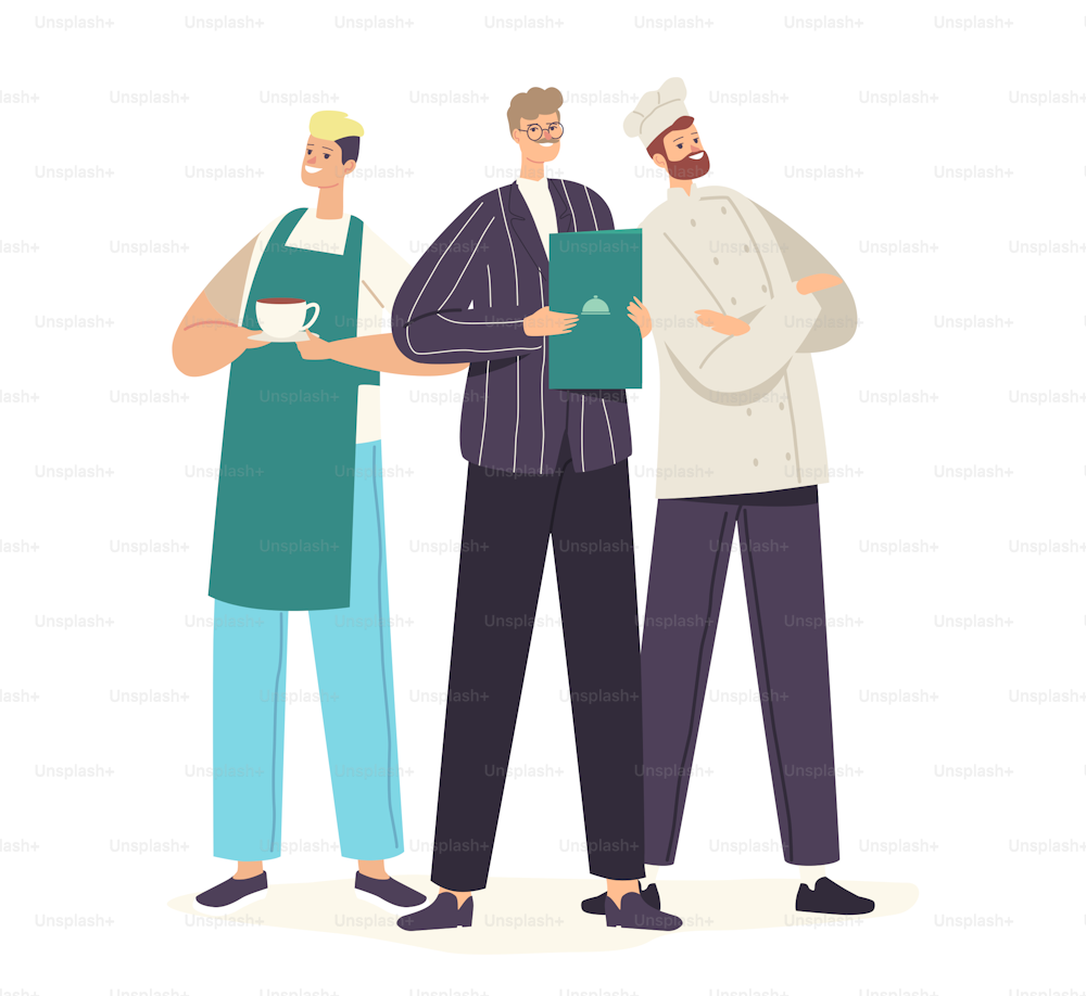 Restaurant Staff Characters in Uniform Posing. Chef in Toque and Apron, Administrator and Waiter Demonstrating Menu, Cafe, Pizzeria, Bakery Shop Hospitality Team. Cartoon People Vector Illustration