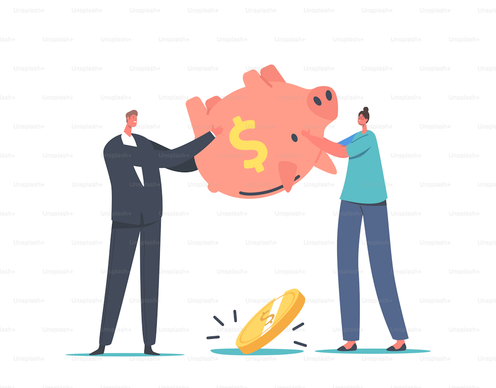Bankruptcy, Budget Deficit Concept. Upset Business People Shaking Empty Piggy Bank with No Money inside. Characters in Financial Crisis, Sale Drop, Investment Decrease. Cartoon Vector Illustration