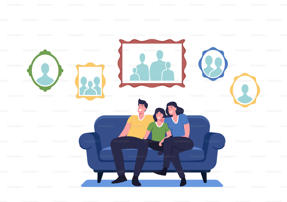 Happy Family Sitting on Couch in Living Room with Pictures Hanging on Wall. Mother, Father and Child Characters at Home with Relatives Photo Portraits Collection. Cartoon People Vector Illustration