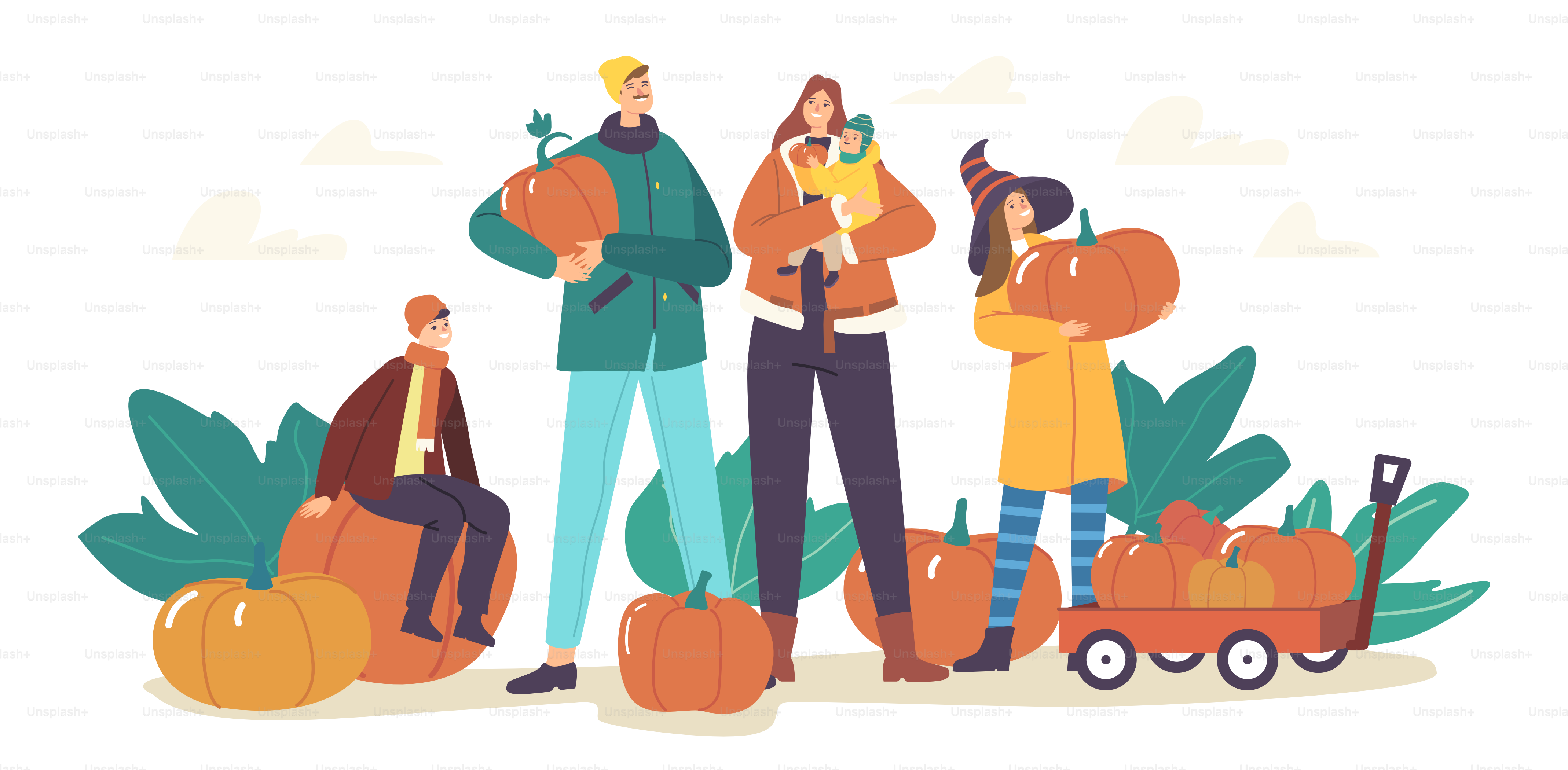 Glückliche Familiencharaktere, die Kürbisse im Herbstgarten pflücken. Mutter, Vater und Kinder ernten reife Pflanzen für die saisonale Halloween- oder Thanksgiving-Feier. Cartoon Menschen Vektor Illustration
