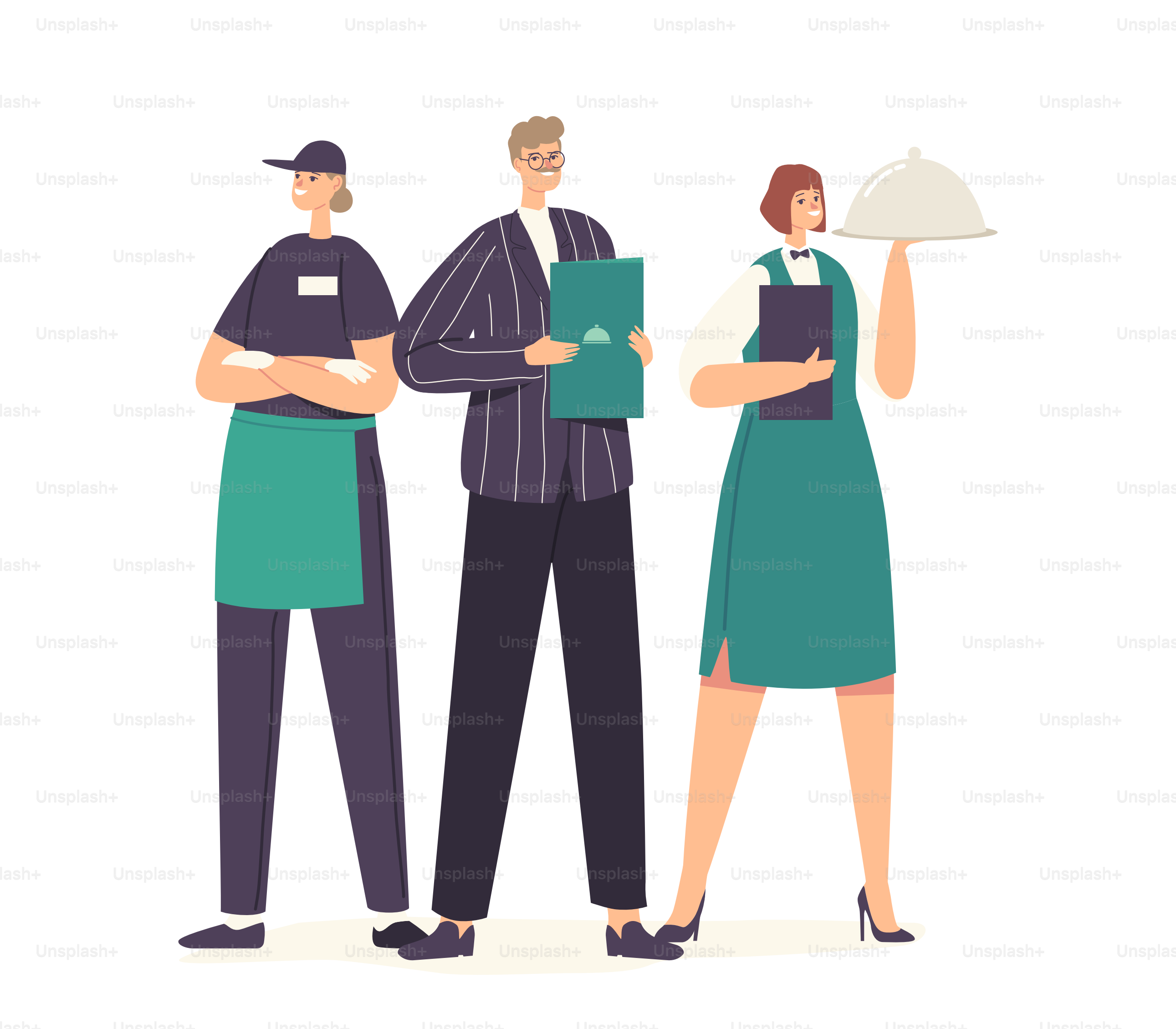 Posa del team dei lavoratori del ristorante. Amministratore maschio con menu in mano, cameriera che tiene vassoio con piatto sotto il coperchio della cloche, personaggi del personale di ospitalità in uniforme. Illustrazione vettoriale delle persone del fumetto