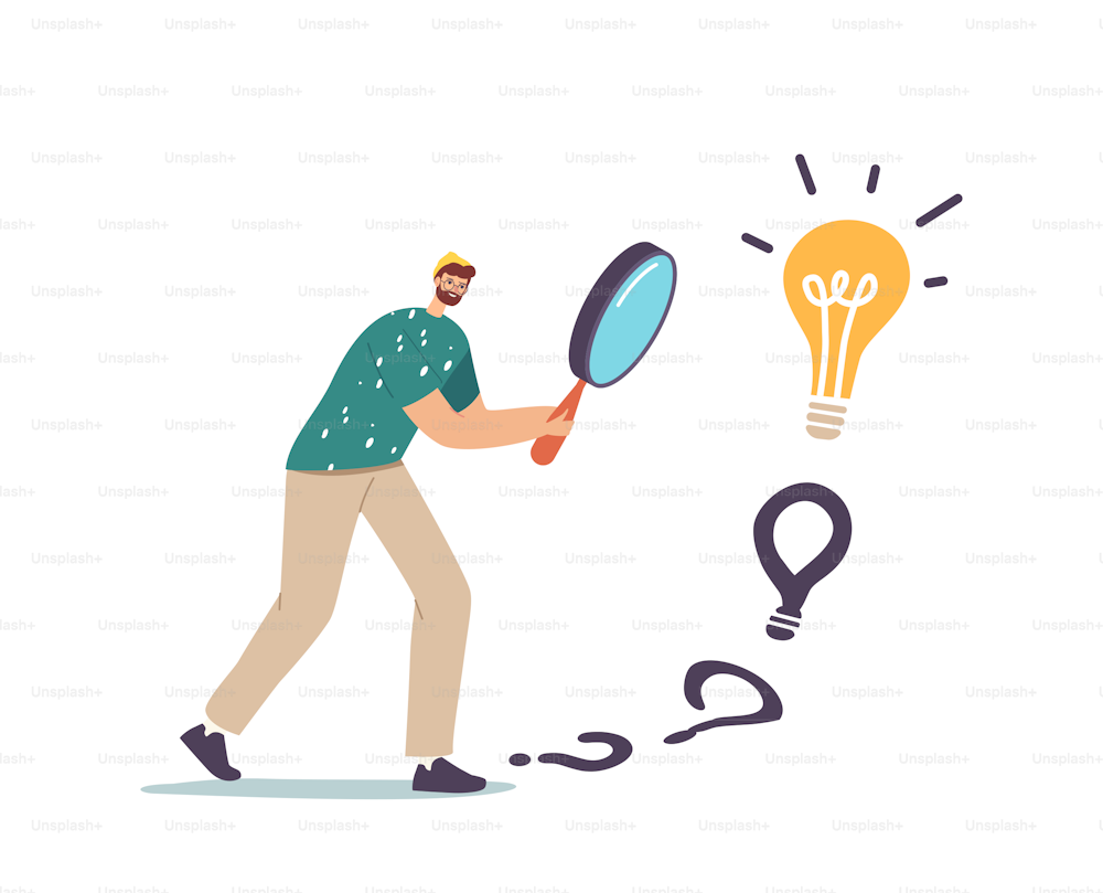 Male Character with Huge Magnifier in Hands Finding Answer Walking to Huge Light Bulb. Businessman Search Creative Idea, Business Vision, Educational Insight or Motivation. Cartoon Vector Illustration
