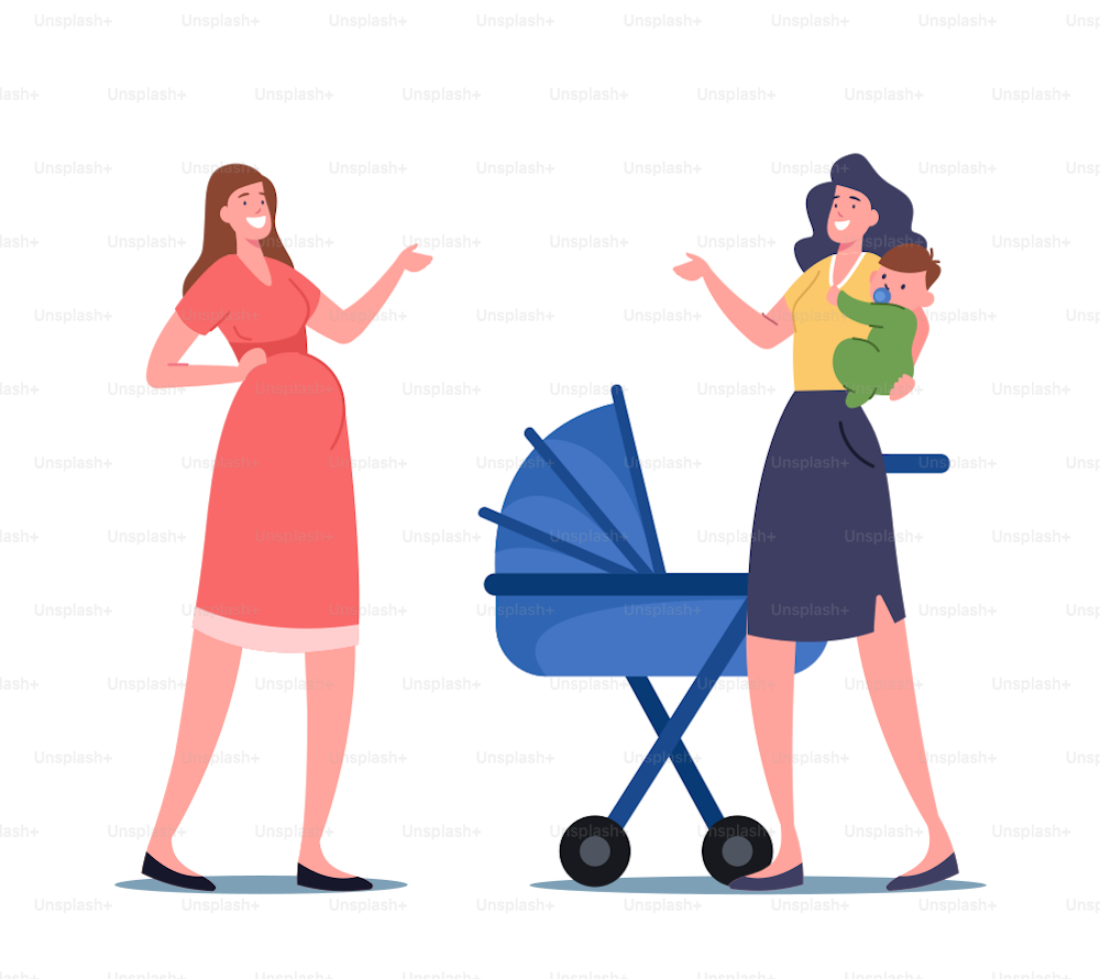 Pregnant Female Character and Mother with Little Child on Hands Chatting Discussing Maternity Leave and Motherhood Issues on Street. Young Women Baby Delivery. Cartoon People Vector Illustration
