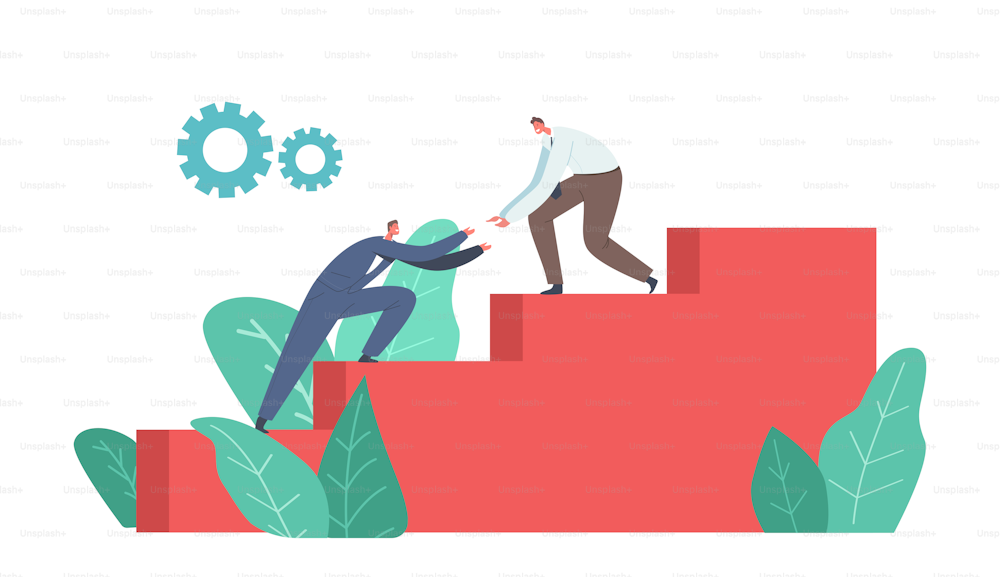 Next Step to Target, Mutual Help Concept. Business Man Help to Colleague Climbing Stairs. Businesspeople Characters Holding Hands Going Up on Top of Career Success. Cartoon People Vector Illustration