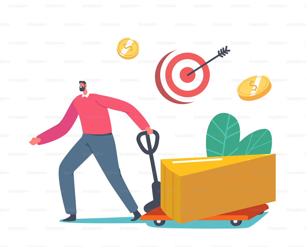 Businessman Character with Manual Trolley Take Away Huge Part of Golden Pie Chart. Shareholder Snatch Dividends Profit, Business Stakeholder Income, Return on Investment. Cartoon Vector Illustration