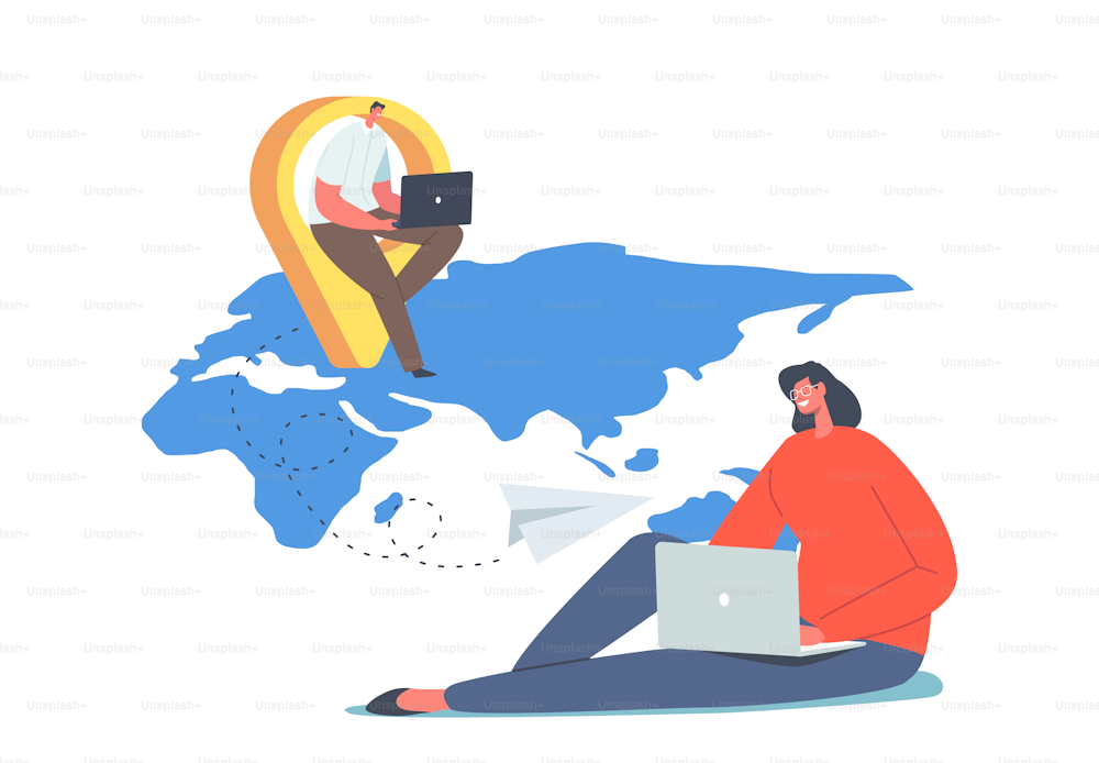 Characters Remote Working Concept. Telework and Global Outsourcing, Employees Work from Home Sitting on World Map. Social Distance during Coronavirus Quarantine. Cartoon People Vector Illustration