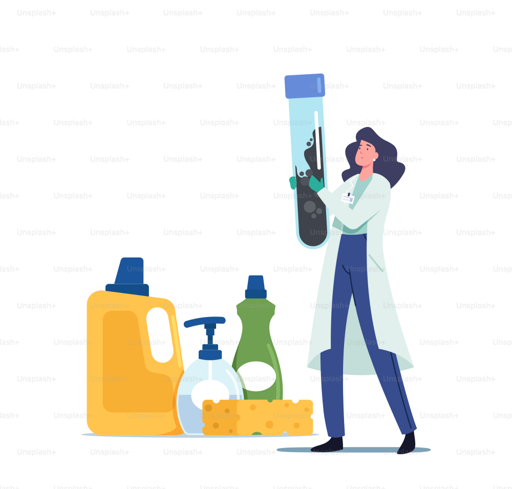 Remediation Specialist Character in Uniform Inspect Walls Collect Black Mold into Test Tube. Tiny Woman with Huge Beaker Learning Mildew Spores for Extermination. Cartoon People Vector Illustration
