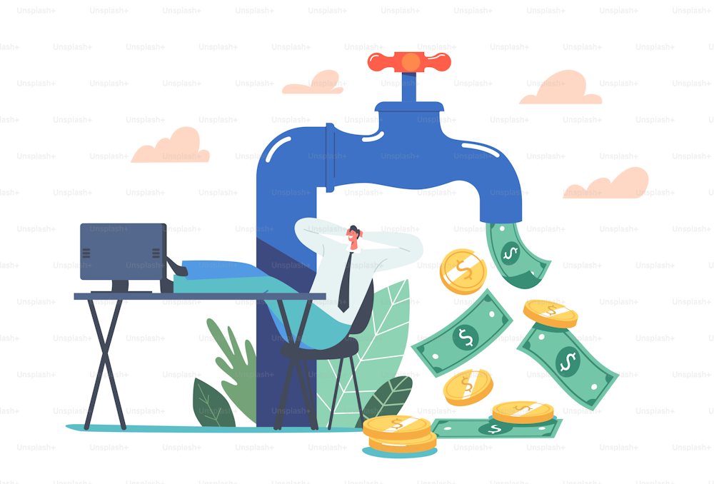 Tiny Businessman Character Sitting with Legs on Office Desk near Huge Tap with Money Flow. Return on Investment, Passive Income, Online Job and Earning in Internet. Cartoon People Vector Illustration