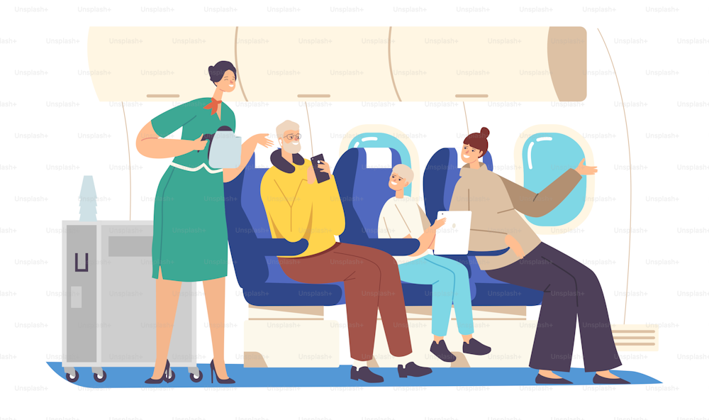 飛行機サロンで乗客にサービスを提供する客室乗務員。ティーポットを持つ制服を着たスチュワーデスが、肘掛け椅子に快適に座っている家族のキャラクターに飲み物を運ぶ。漫画の人々のベクターイラスト