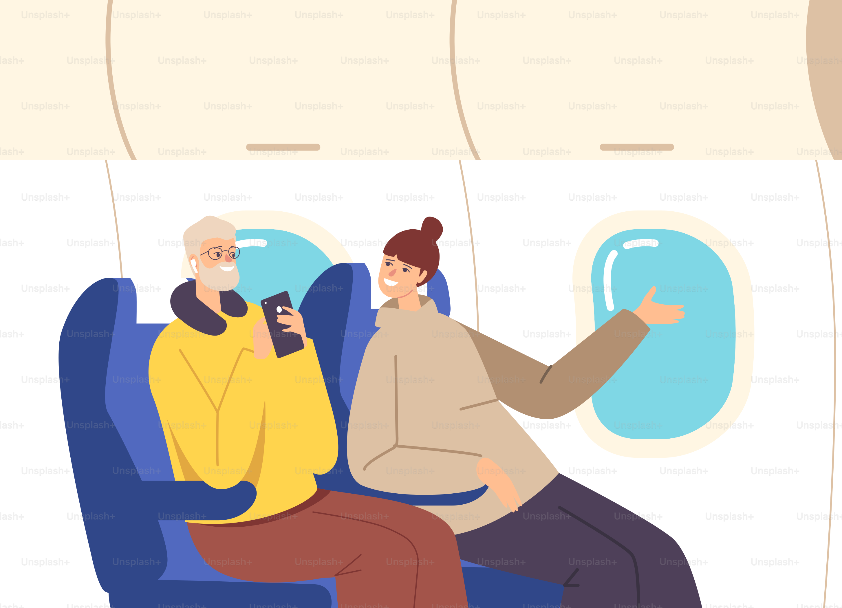 Feliz pareja vuela en avión. Personajes familiares Esposo con almohada de viaje y teléfono inteligente y esposa sentada en cómodos sillones, comunicarse y mirar en la ventana. Ilustración vectorial de Cartoon People