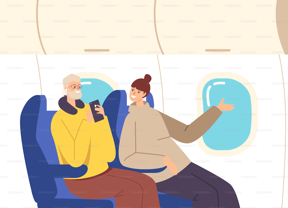 Coppia felice vola in aereo. Personaggi della famiglia marito con cuscino da viaggio e smartphone e moglie seduta a comode poltrone, comunicare e guardare in finestra. Illustrazione vettoriale delle persone del fumetto