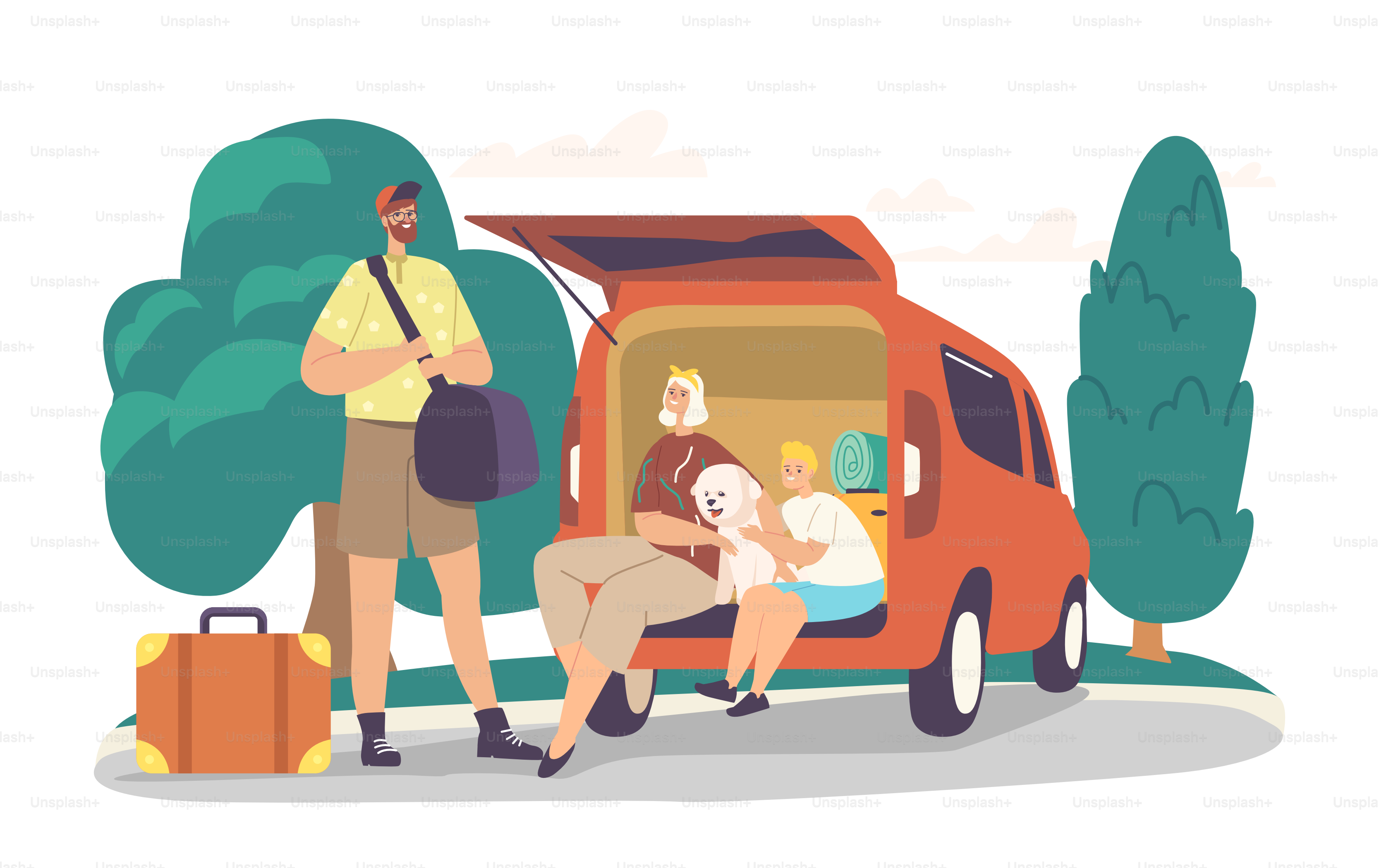 Padres e hijo listos para el viaje por carretera. Personajes de Happy Family cargando bolsas en el maletero del coche para viajar. Madre, padre y niño con perro y equipaje saliendo de casa. Ilustración vectorial de personas de dibujos animados