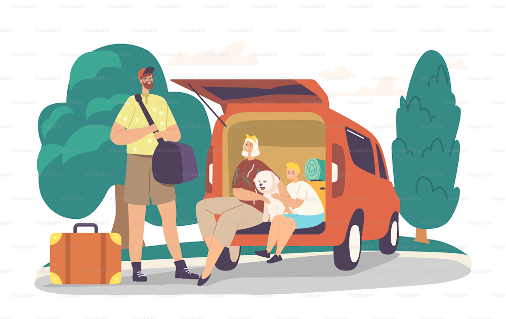 Parents and Son Ready for Road Journey. Happy Family Characters Loading Bags into Car Trunk for Travel. Mother, Father and Boy with Dog and Luggage Leaving Home. Cartoon People Vector Illustration