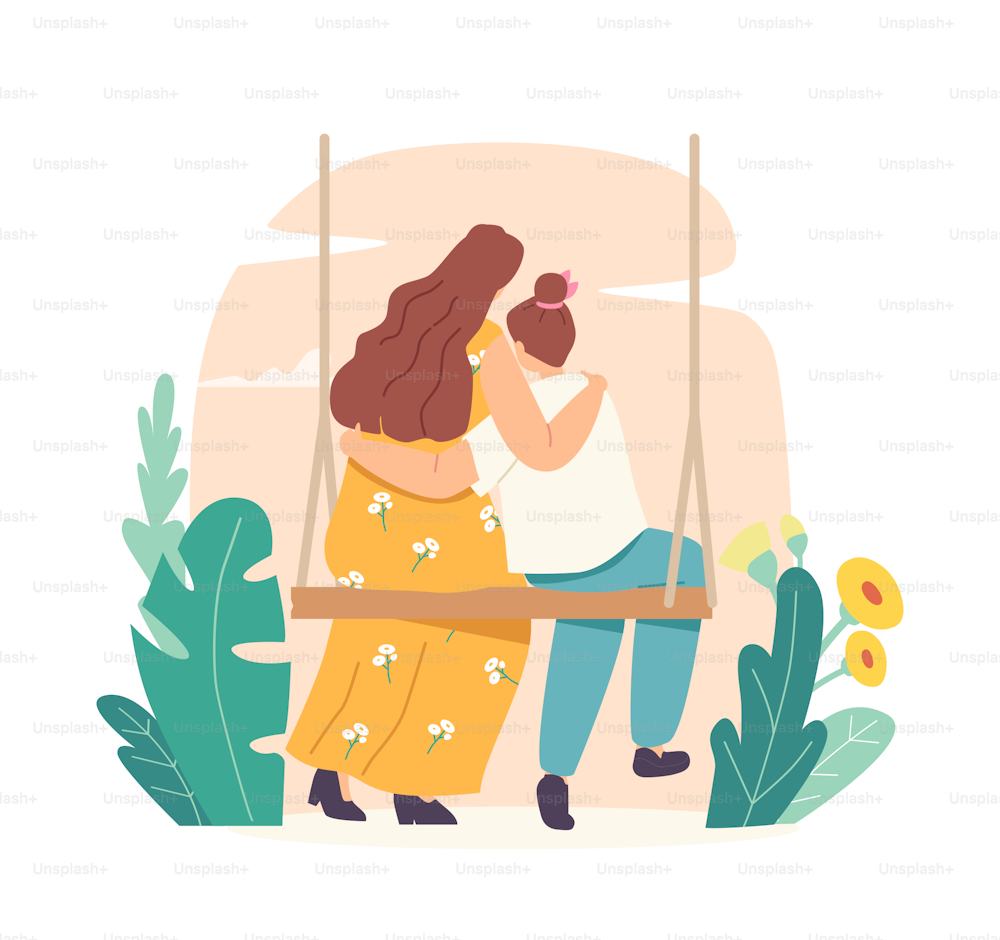 Mothers Day Concept. Loving Mother and Daughter Hugging Rear View. Mom and Girl Embrace Sitting on Swing. Mommy and Girl Characters Sweet Relations, Cuddle Child. Cartoon People Vector Illustration