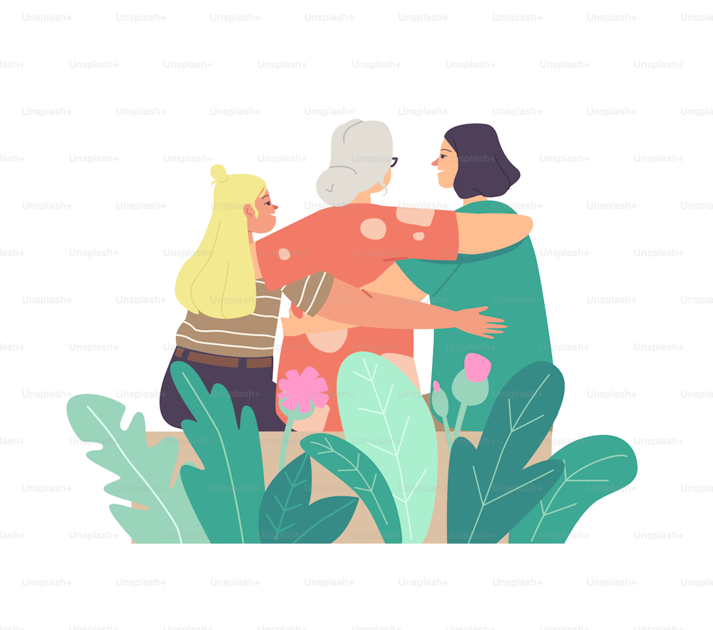 Mothers Day Concept. Loving Young and Senior Mothers Hugging Daughter and Granddaughter Rear View. Mom Embrace with Child, Female Characters Love, Generation Care. Cartoon People Vector Illustration