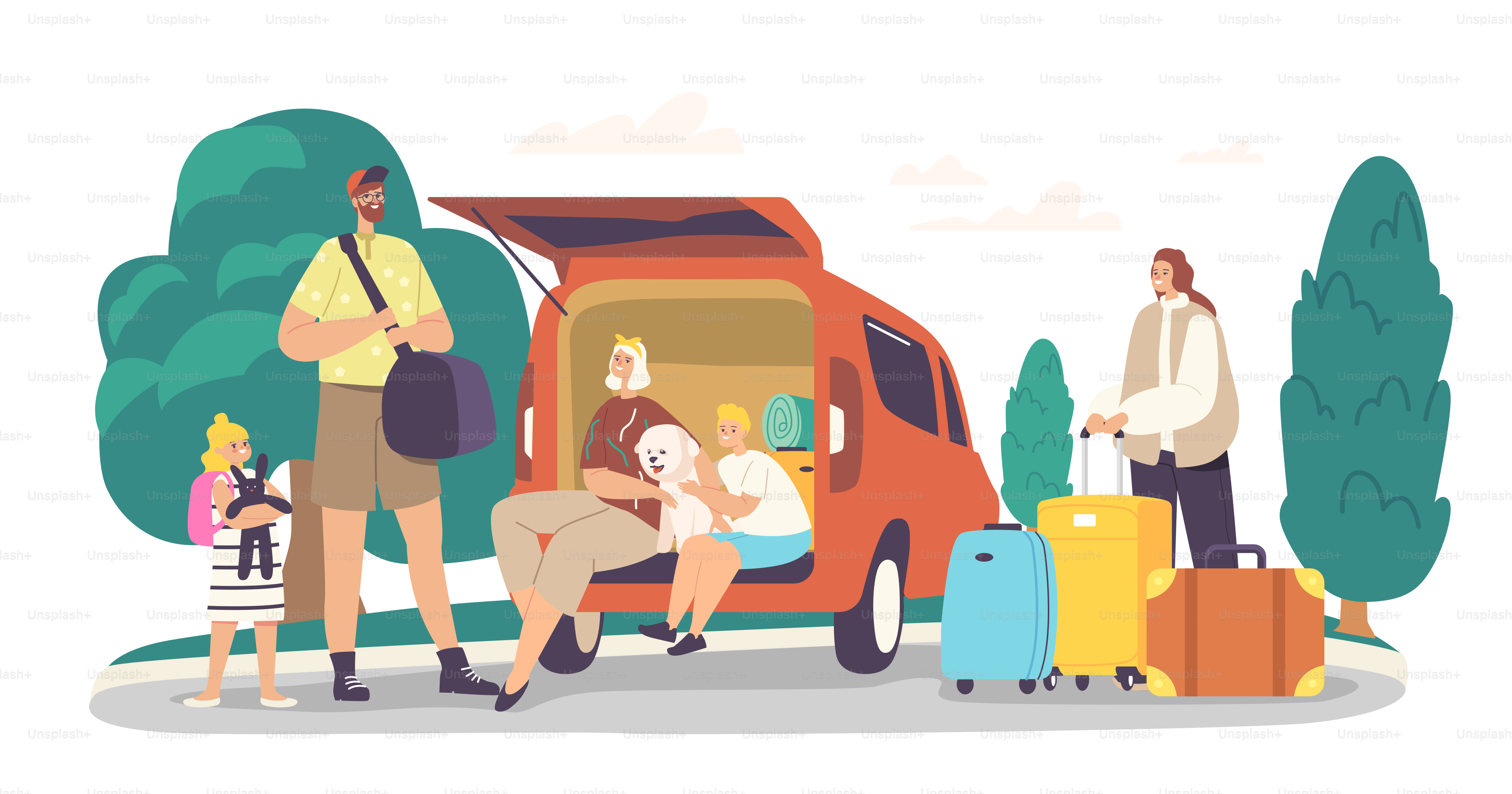 Personajes de Happy Family sentados en el maletero del coche con su perro listo para viajar. Madre, padre y niños emocionados con mascotas y equipajes que salen de casa para un viaje por carretera. Ilustración vectorial de personas de dibujos animados