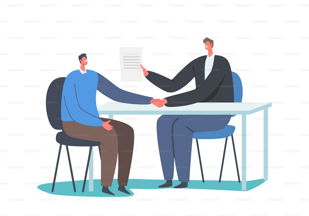 Customer Male Character Visiting Bank for Transaction Payment History. Banker with Paper Document Shaking Hand to Client. Docs Signing, Business Deal Concept. Cartoon People Vector Illustration