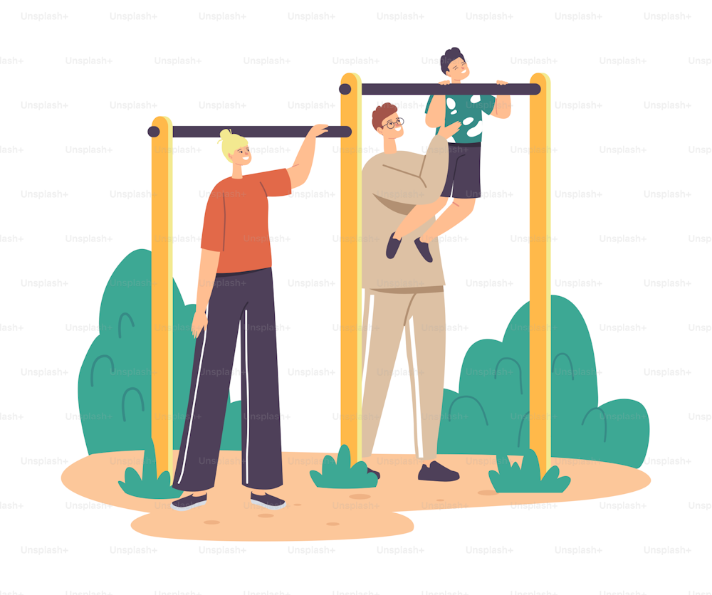 Father and Mother Characters Training Little Boy on Horizontal Bar. Family Exercising Outdoor, Son with Dad Help Learn to Catch Up, Fatherhood or Childhood Concept. Cartoon People Vector Illustration