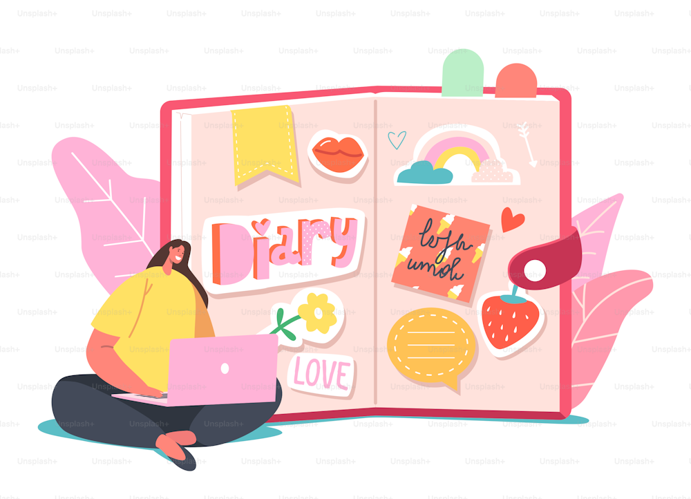 Tiny Girl Sitting at Huge Pink Diary with Laptop Put Notes about Love and Life Moments. Character Write Memoirs in Digital Notebook. Teenager Sitting on Floor with Notepad. Cartoon Vector Illustration