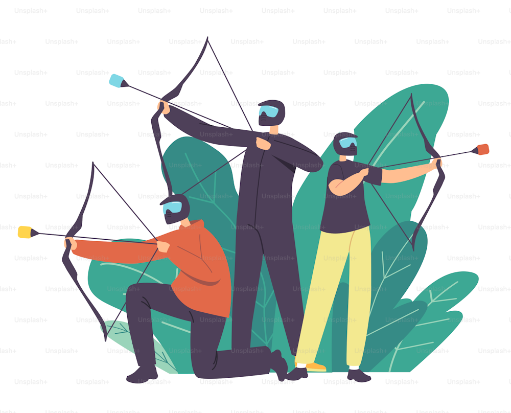 Archery Sport Concept. Archer Family Characters Wearing Protective Helmets Shooting with Bow and Arrows. Sports Challenge, Training or Competition, Outdoor Activity. Cartoon People Vector Illustration