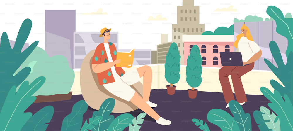 편안한 캐릭터들은 옥상 온실에서 휴식을 취하는 편안한 안락의자에 앉아 있습니다. 독서를 즐기는 남자, 식물이 있는 녹색 지붕 정원에 앉아 노트북을 하는 여자. 만화 사람들 벡터 일러스트레이션