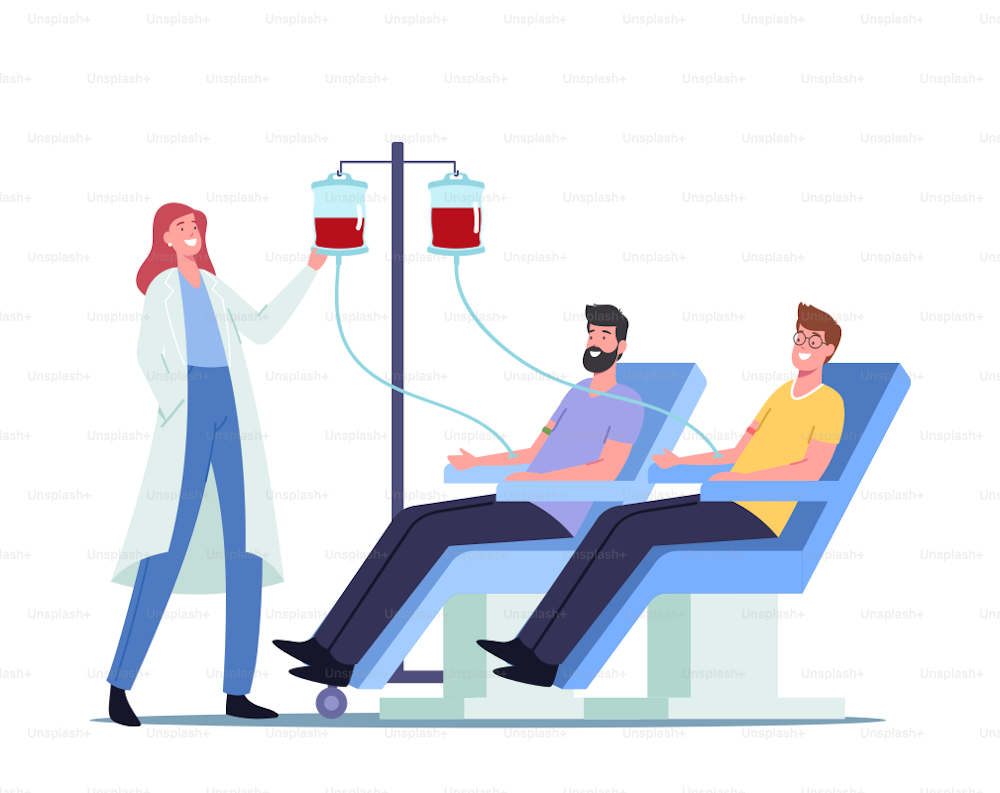 Donación de sangre. Los personajes masculinos donan sangre para personas enfermas, la enfermera lleva sangre vital a un recipiente de plástico. Hombres donantes sentados en la silla médica en la clínica. Ilustración vectorial de Cartoon People