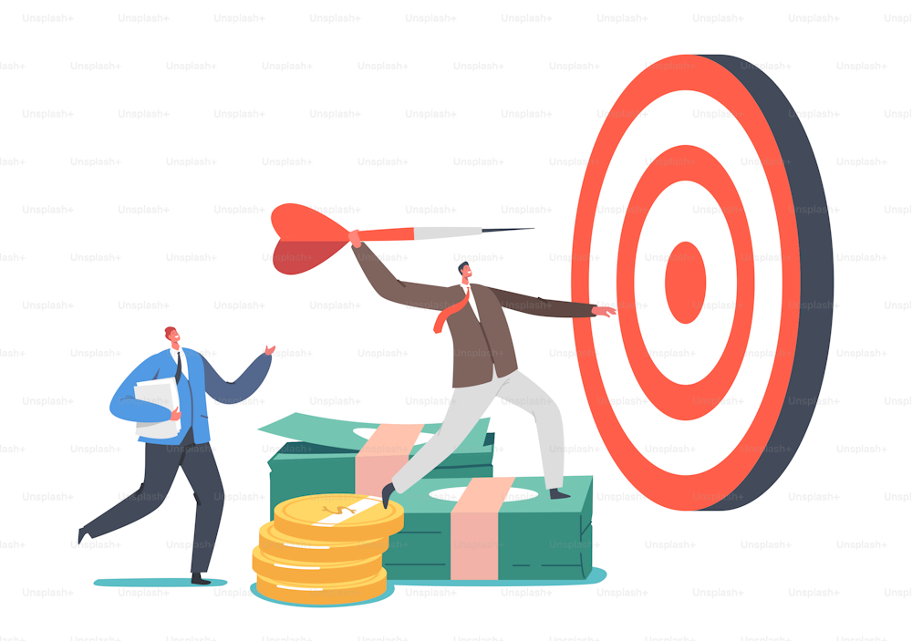 Business Goals Achievement Concept. Tiny Businessman Character Throw Darts to Huge Target. Aim Mission Challenge, Task Solution, High Growing Risk Investment. Cartoon People Vector Illustration