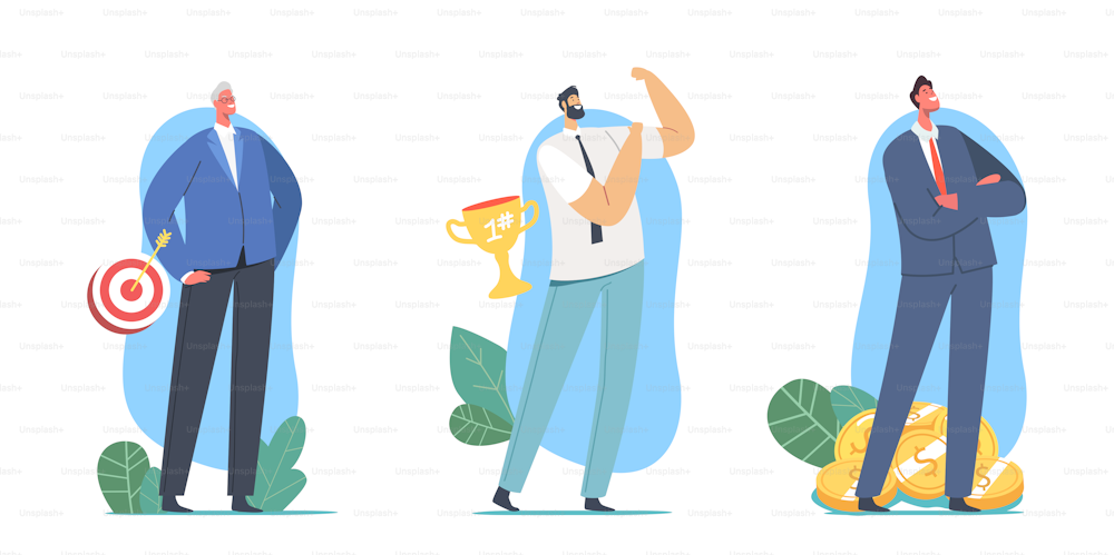 Set of Successful Men. Business Characters with Target, Golden Trophy and Money. Businessmen on Peak of Success, Leadership, Goal Achievement, Marketing Strategy. Cartoon People Vector Illustration