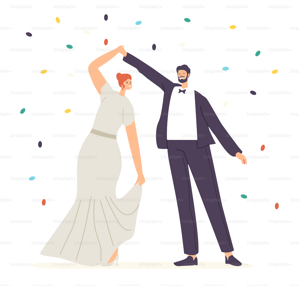 幸せな新婚夫婦は、お祝いのコンセプトの間に結婚式のダンスを披露します。結婚したばかりの新郎新婦のキャラクターが踊り、結婚式、夫婦のワルツ。漫画の人々のベクターイラスト