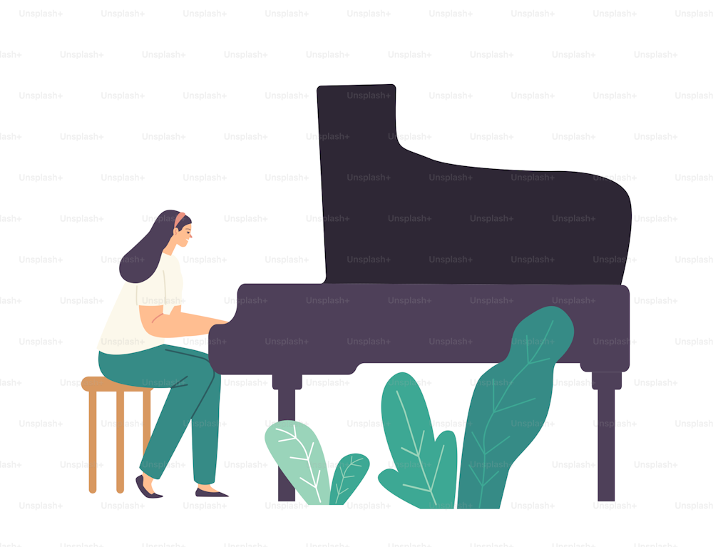 Pianist Female Character Playing Musical Composition on Grand Piano for Symphonic Orchestra or Opera Performance on Stage. Talented Woman Artist Performing on Scene. Cartoon Vector Illustration