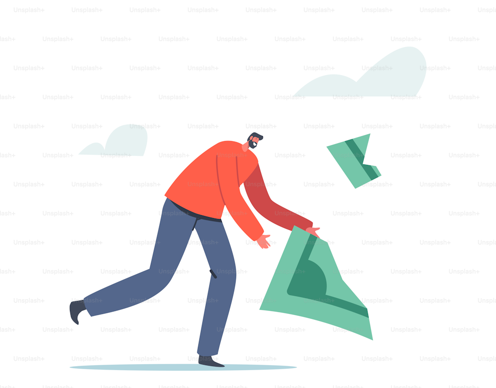People Lose Money Concept. Investment in Financial Crisis, Business Deflation and Inflation. Male Character Trying to Catch Dollar Banknote Fall Apart on Crumbles. Cartoon Vector Illustration