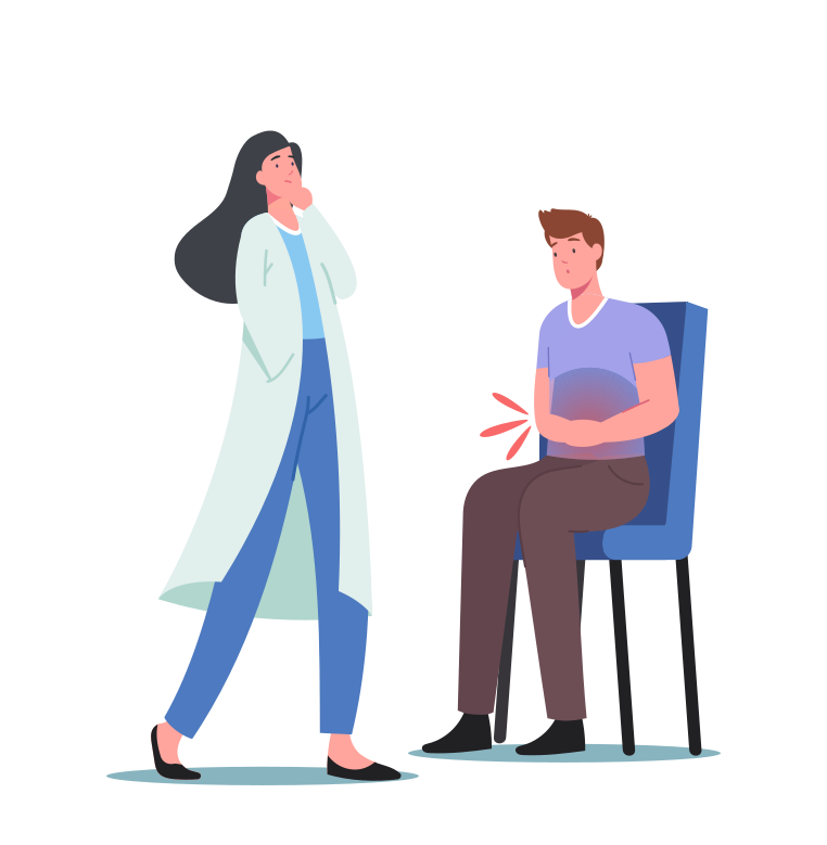 Pancreas Disease Symptom, Stomachache, Gastroenterology. Doctor Check Sick Male Patient Character Touching Diseased Belly Suffer of Stomach Ache causes Pancreatitis. Cartoon People Vector Illustration